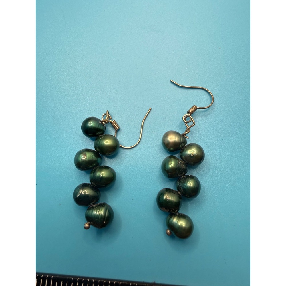 Dark Green Peacock Freshwater Pearl Cluster Dangle Earrings Silver Tone Hooks